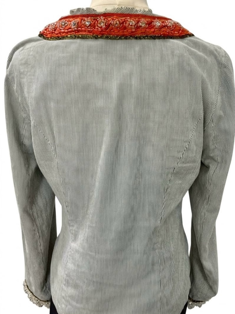 Free People My Fair Lady Cropped Pinstripe Jacket - Beaded Boho Blazer Sz 10 - Picture 9 of 9